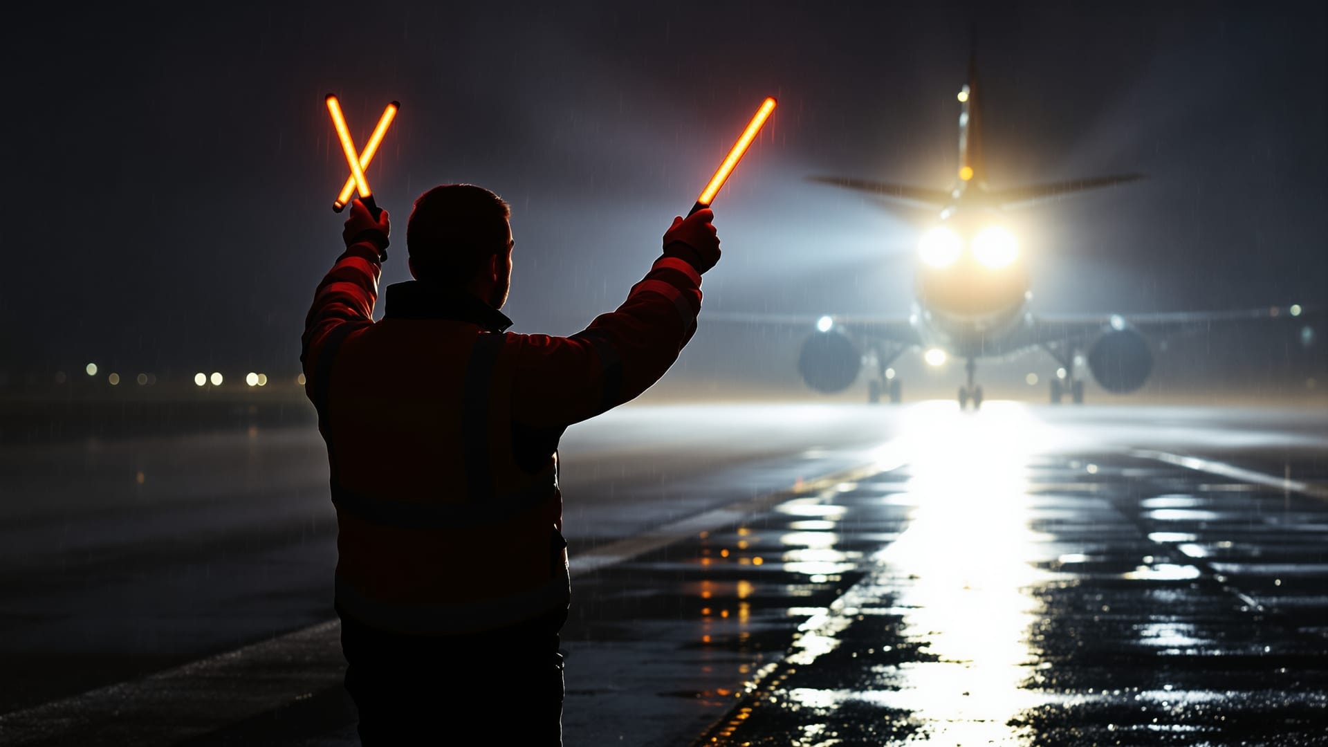 Marshaller with illuminated wands silhouetted against aircraft lights on a wet night apron