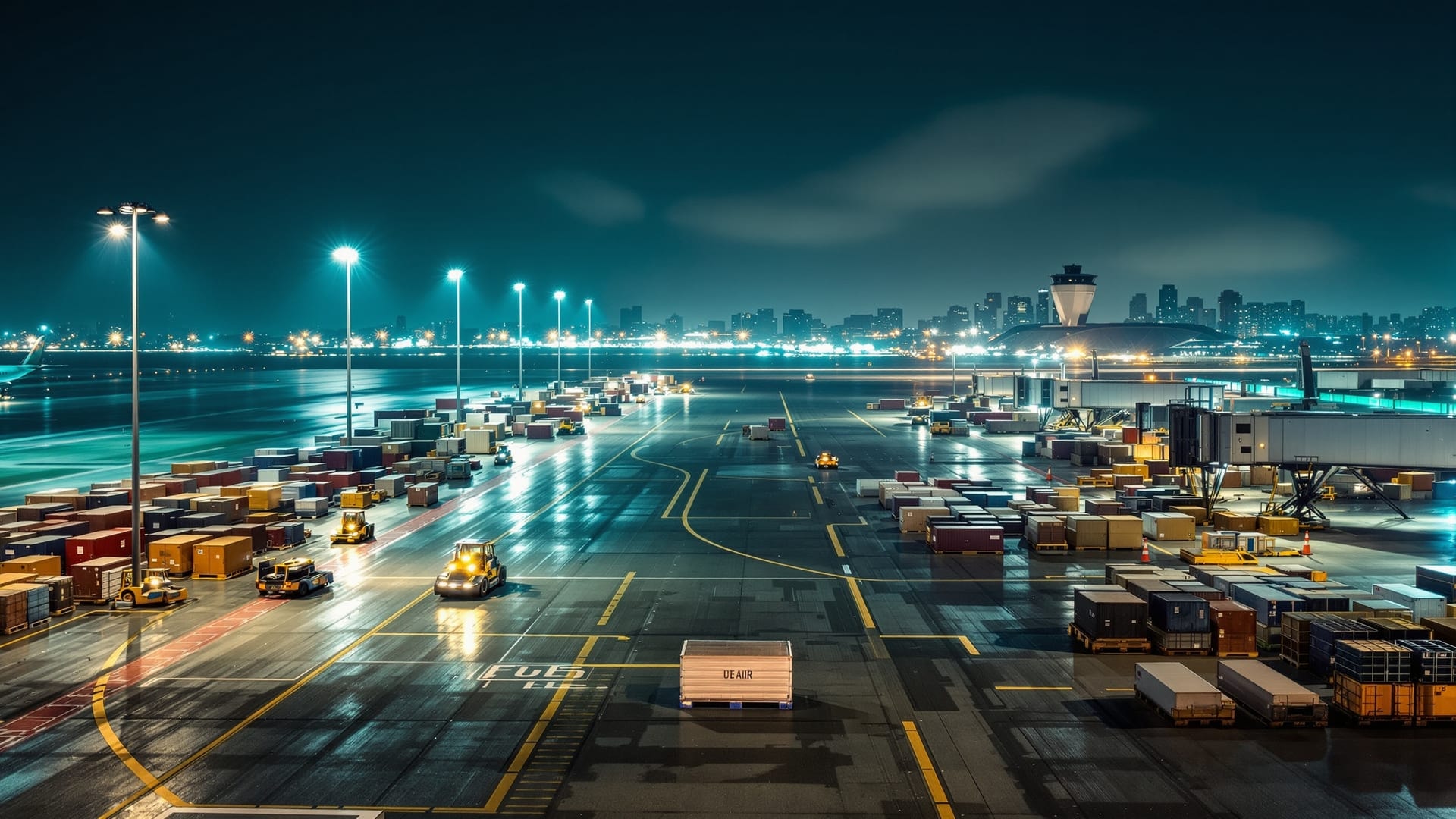 Busy Asian air cargo apron at night with freight pallets under floodlights