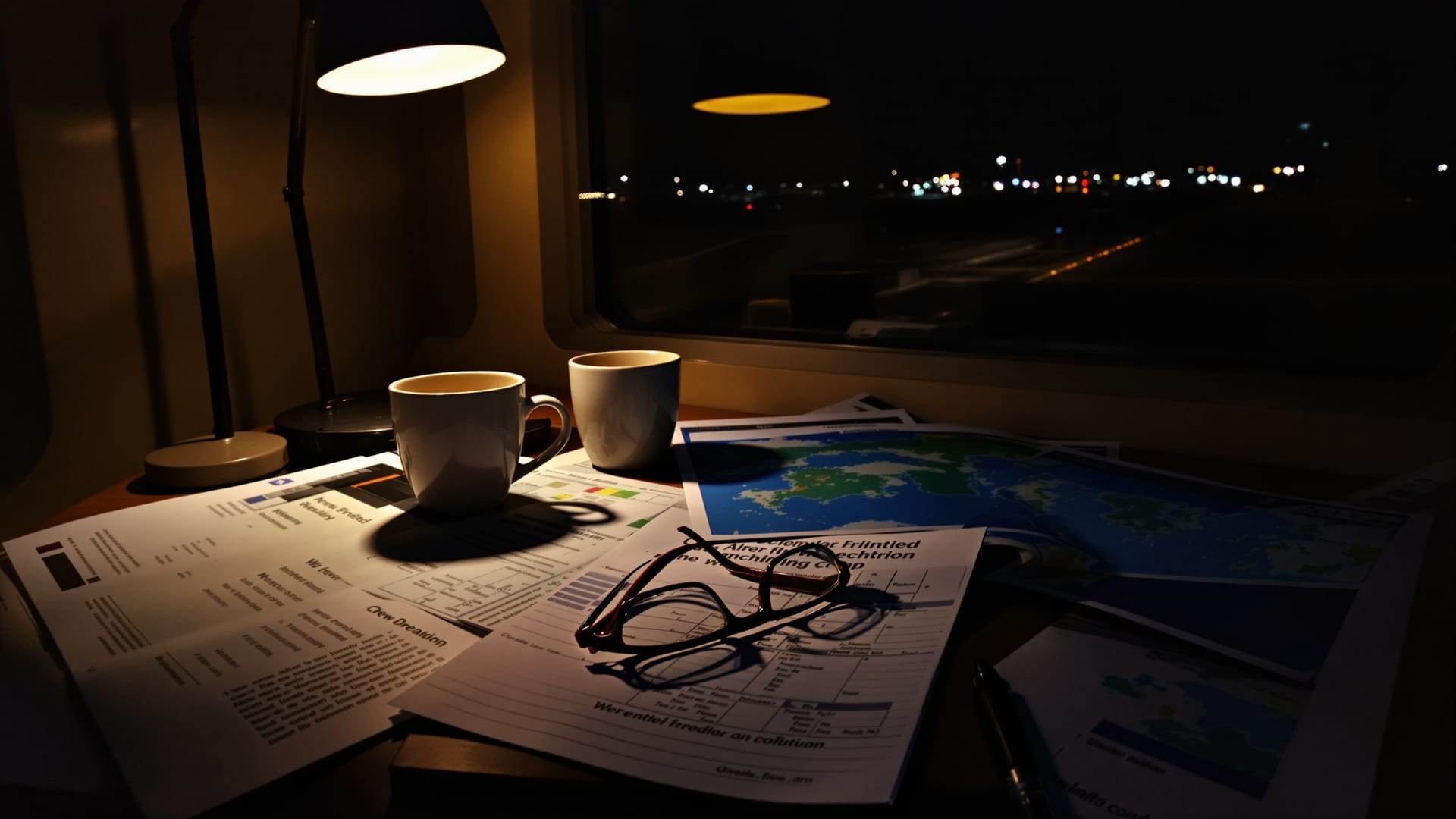Crew briefing table at night with weather charts and paperwork under a desk lamp