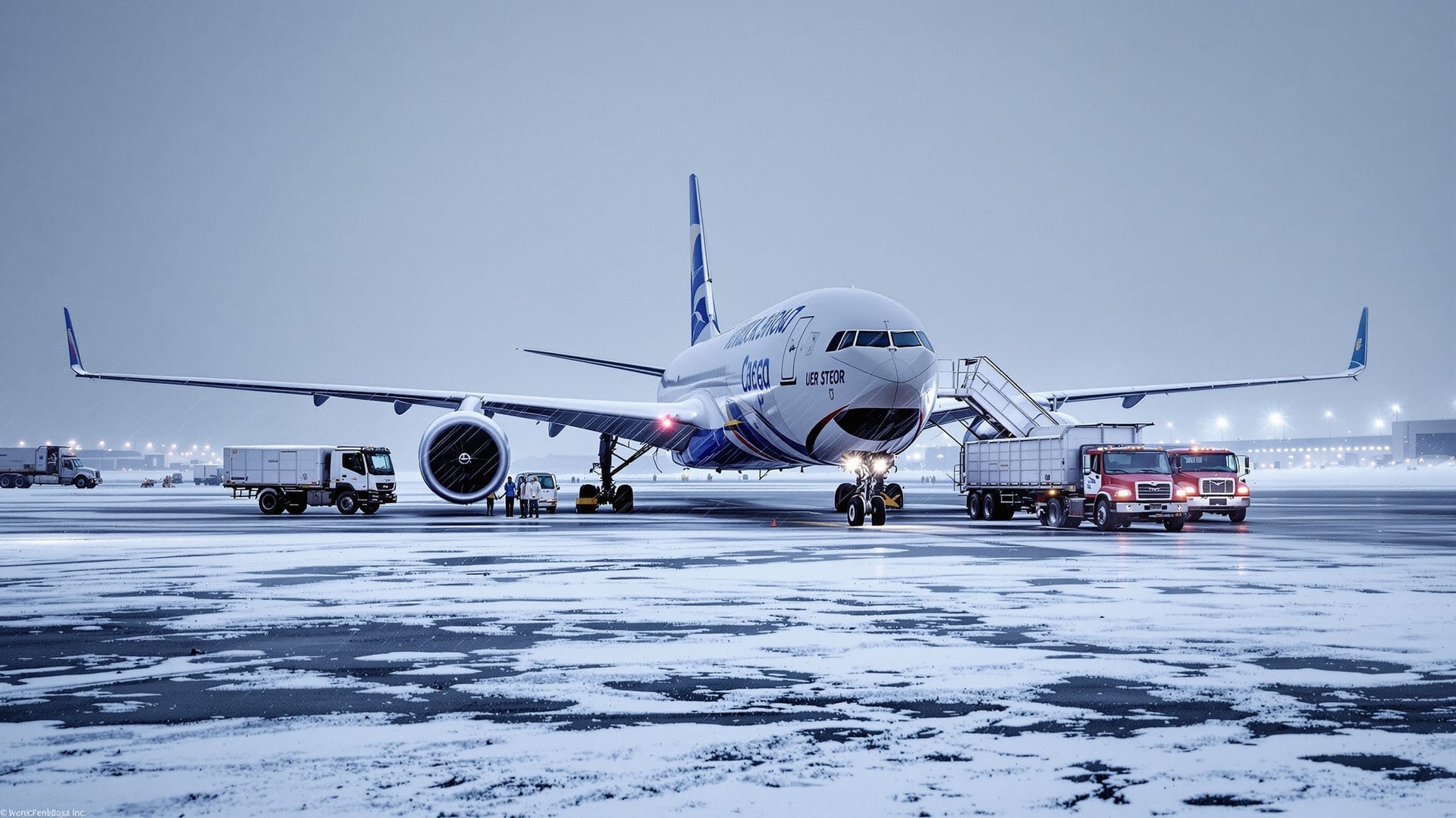 Cargo aircraft on a snowy East Coast ramp before dawn with blowing snow