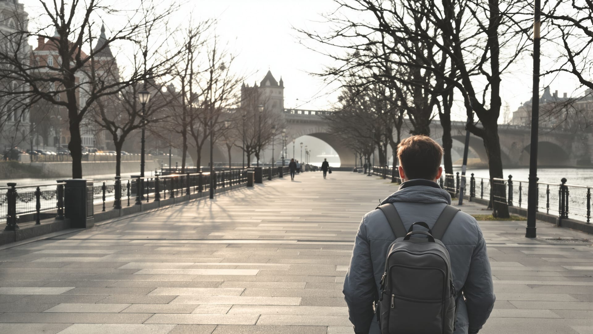 Lone figure walking a city river promenade in flat afternoon light on a layover