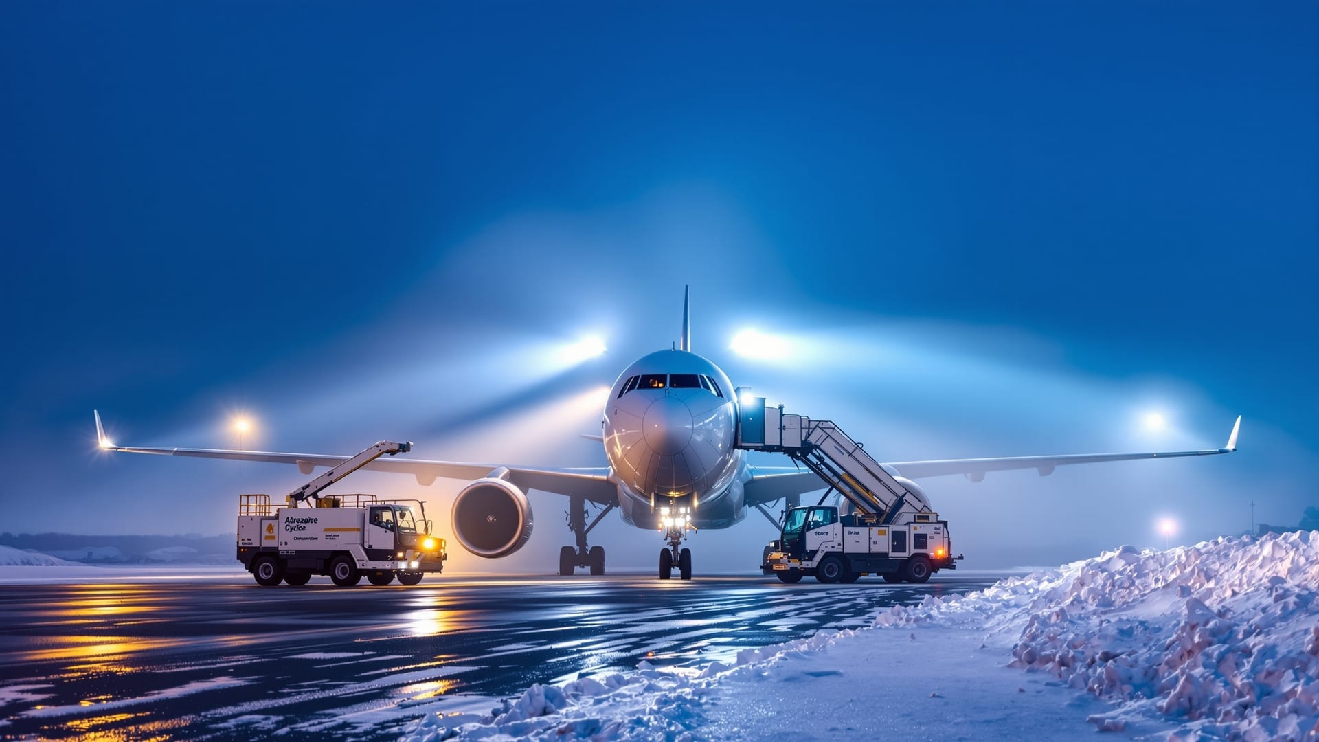Cargo aircraft being de-iced on a European apron before dawn in winter
