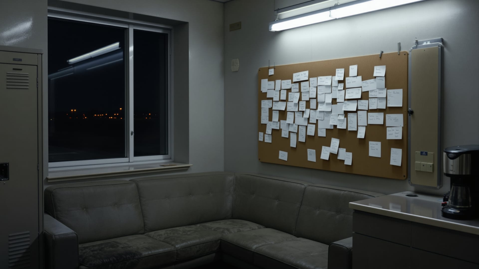 Empty crew room at night with lockers and a noticeboard of handwritten notes