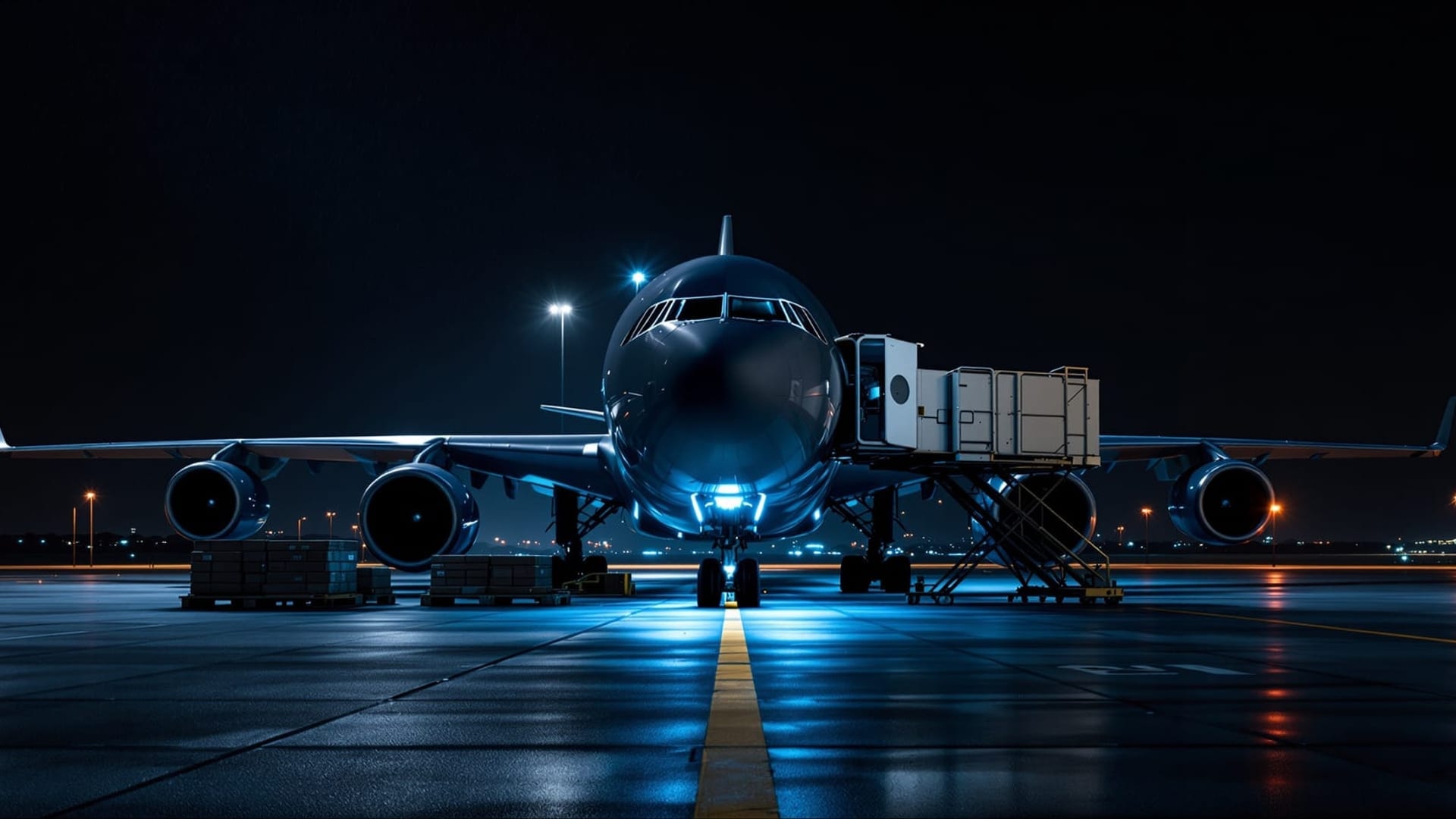 Cargo freighter aircraft being loaded on a wet airport ramp under floodlights at night