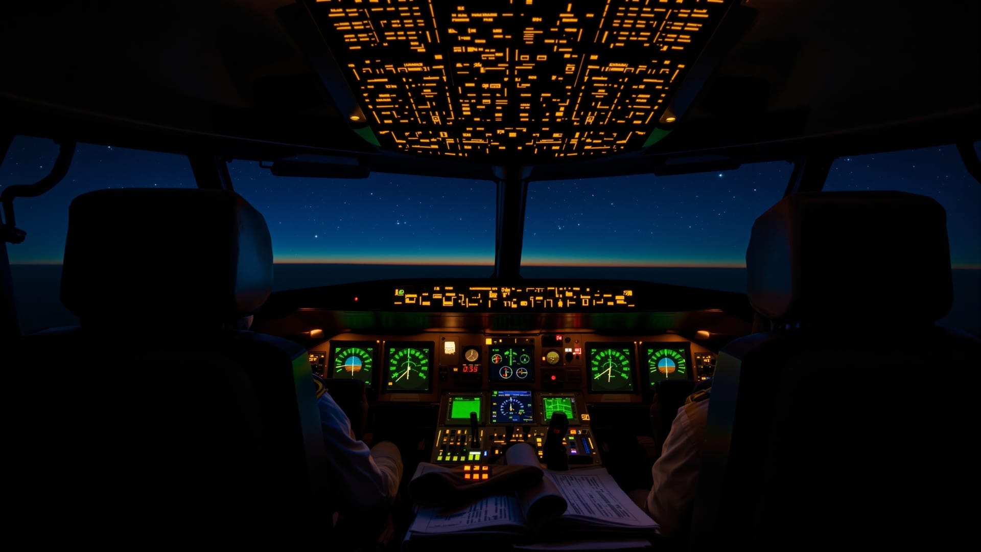 View forward from the jumpseat of a freighter flight deck at night