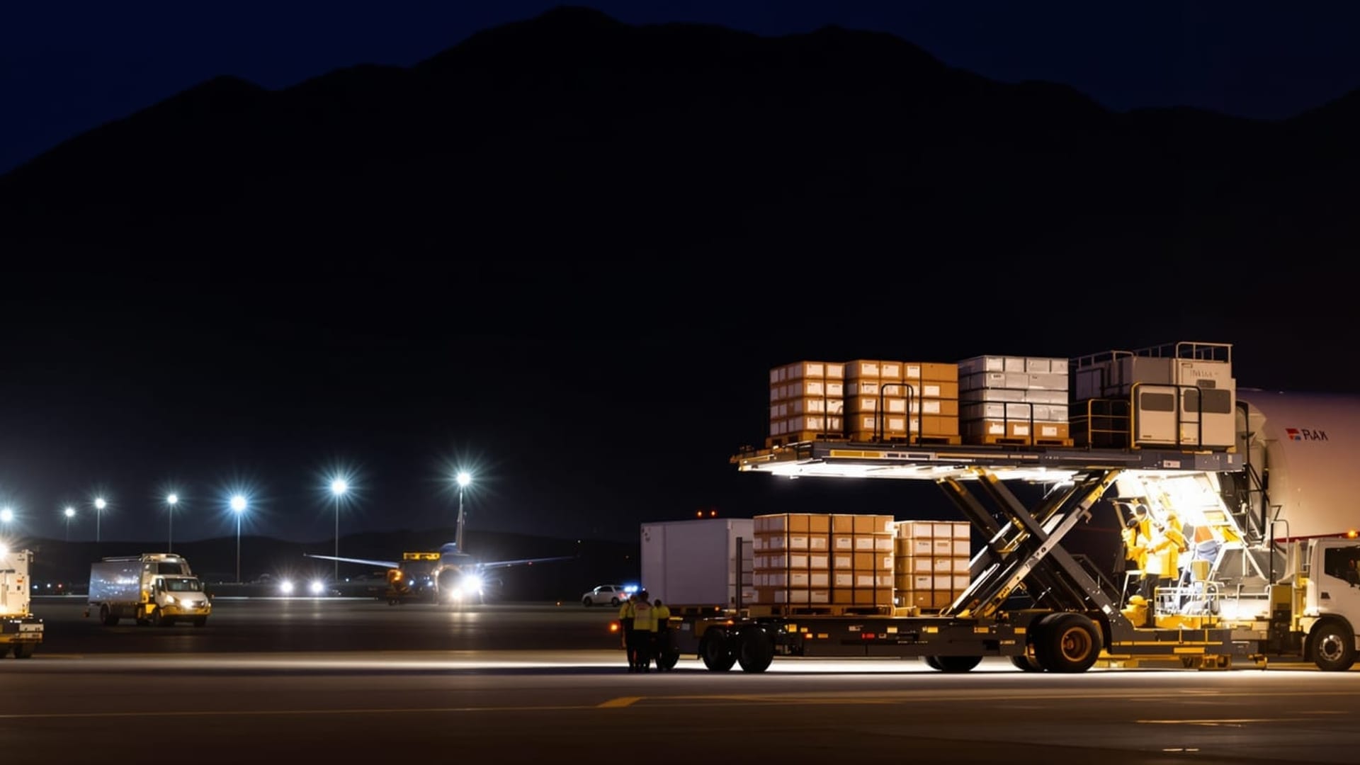 Freight aircraft loading refrigerated pallets at night with mountains behind the airfield