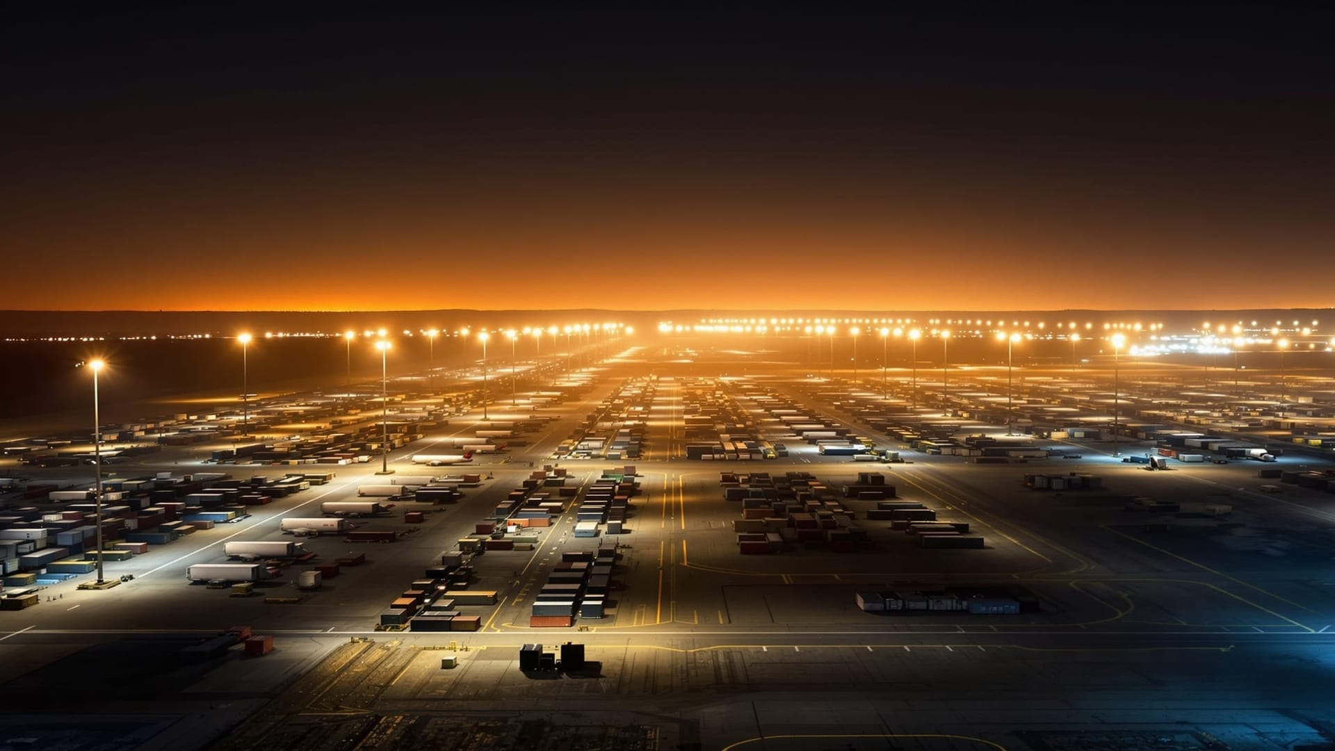 Vast desert air cargo hub at night with rows of freighters under floodlights