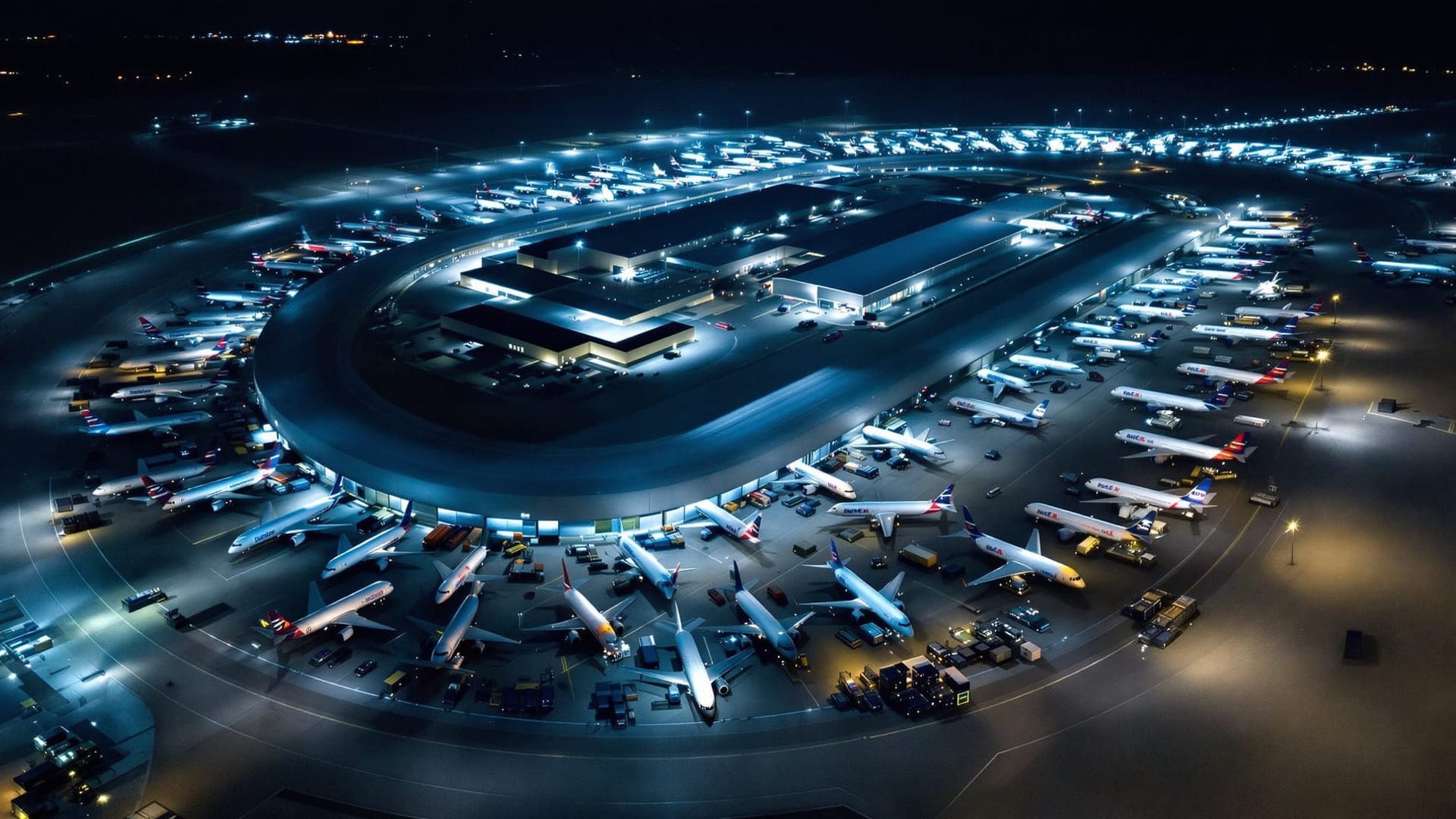 Aerial view of an American express cargo sort hub at night with dozens of freighters